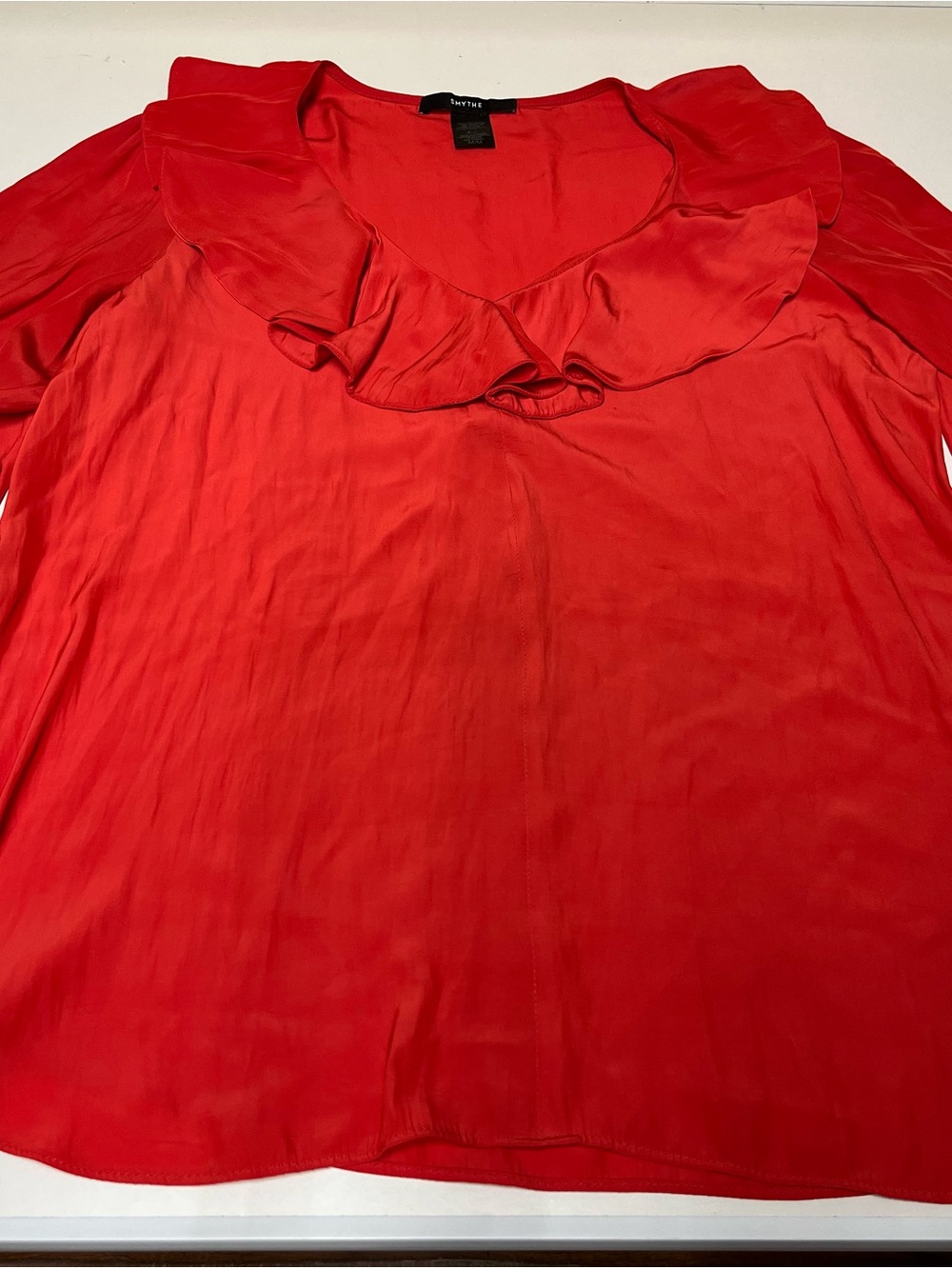 Women’s Size Medium Red Silky Polyester Ruffle Neck Blouse